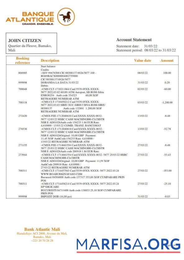 Realistic Mali Banque Atlantiaque bank statement word download for verification